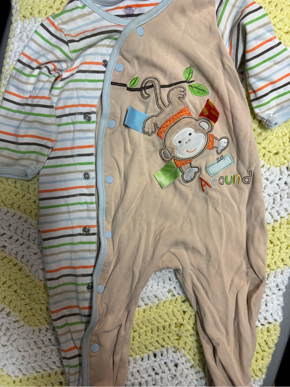 Taggies Beige One-Piece Footie with Multicolor Stripes and Monkey Applique